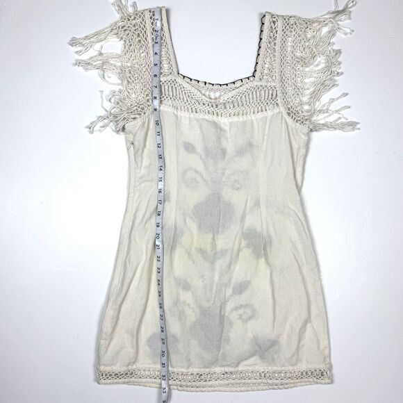 Free People Cotton Linen Embroidered Crochet Fringe Hippy Boho Dress, Sz. 8 - Picture 12 of 13